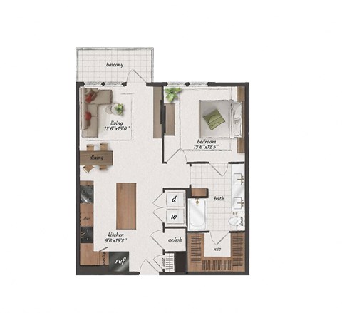 Floor plan for 1 bed, 1 bath, 810 sqft